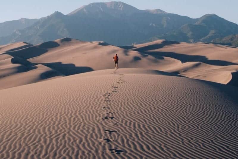 Person walking in the desert towards a far off mountain.